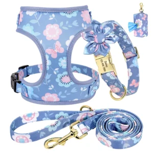 3pcs/4pcs personalized dog collar harness leash treats bag floral pet engraved collar breathable harness for small large dogs